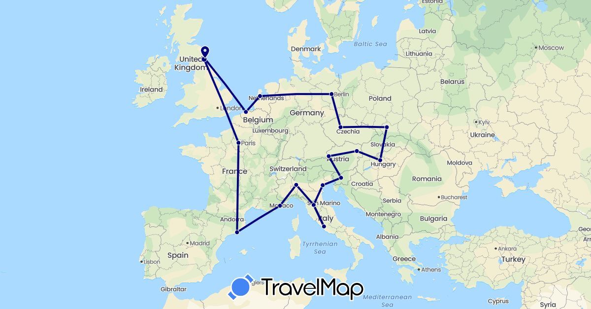 TravelMap itinerary: driving in Austria, Belgium, Czech Republic, Germany, Spain, France, United Kingdom, Hungary, Italy, Netherlands, Poland, Slovenia (Europe)